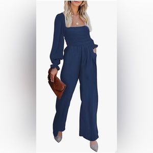 Women’s Blue Ruffle Long Sleeve Wide Leg Jumpsuit